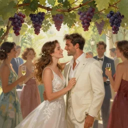 a happy couple in a party with friends under the grapevine. celebration excitement intricate, elegant, highly detailed, digital painting, artstation, concept art, sharp focus, illustration, by justin gerard and artgerm, 8 k