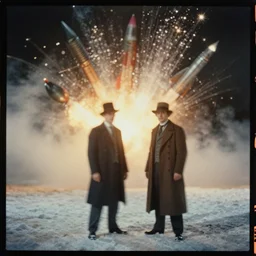 kodak portra 4 0 0, wetplate, muted colours, movie almost famous, 1 9 1 0 s style, motion blur, portrait photo of a backdrop, explosions, rockets, bombs, sparkling, snow, fog, by georges melies and by britt marling
