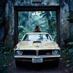 film still, extreme far view, mad max pontiac gto, jungle, vietnam door gunner, apocalypse now, associated press,, 2 6 mm, kodak ektachrome, blue tint expired film,