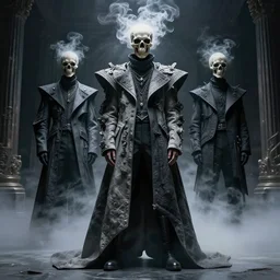 Destiny 2 The Witness, the top of their head is becoming skulls made of smoke clouds, beautiful avant garde fashion look and clothes, we can see them from feet to head, highly detailed and intricate, hypermaximalist, techwear, luxury, elite, cinematic, designer fashion, Rick Owens, Yohji Yamamoto, Y3, ACRNYM, outfit photo, eerie fog, super villain lair interior background