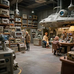cozy spaceship warehouse. ralph mcquarrie scenes. art by, keith parkinson, walter simonson, gerald brom, keith parkinson. large depth of field. r / cassettefuturism. cycles. r / retrobattlestations
