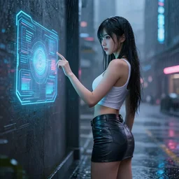 hyperdetailed digital beautiful girl wearing a short skirt in the rain interacting with a holographic interface on a wall in a future cyber punk style city trending on art station