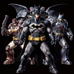 batman in space fighting mechwarriors, high contrast lighting, style of yoji shinkawa, artstation, concept art, 4k