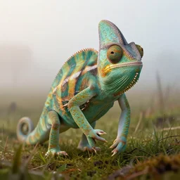 epic professional digital portrait art of a smiling  anthropomorphic chameleon on a morning stroll along the misty moors, best on artstation, cgsociety, wlop, Behance, pixiv, astonishing, impressive, outstanding, epic, cinematic, stunning, gorgeous, concept artwork, much detail, much wow, masterpiece.