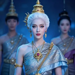 portrait of a cute white thai woman wearing intricate thai accessories and clothes by ilya kuvshinov and anna dittmann and studio ghibli and wlop and rossdraws, digital art, blue lighting, trending on artstation, anime arts, featured on pixiv, blue lighting, hd, 8 k, highly detailed, good lighting, beautiful, epic, masterpiece