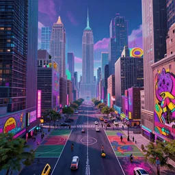 a gorgeous landscape new york city, in the metaverse, psyhdelic, 9 0's vibes, grungy, rappers in the streets, basketball courts, takashe kulliko art, highly detailed, masterful composition, neon cyber colors, liminal spaces