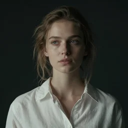 portrait of a east european young woman, beautiful face, medium closeup, messy hair, cinematic light, dark background, looking away, cotton shirt, by serge marshennikov, jeremy lipking, artgerm, paul chabas