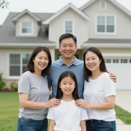 happy family near new house, one husband and two wives, instagram family photo shoot, perfect faces