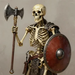 medieval warrior skeleton with an ax in his hand and a round shield, D&D character, highly detailed, digital fantasy character, painted portrait, artstation, concept art, hard focus, illustration, art by artgerm and greg rutkowski and Alphonse Mucha and Craig Mullins, James Jean, Andrey Ryabovichev, Mark Simonetti and Peter Morbacher