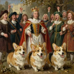 3 0 corgis dressed like royalty, being led to the coronation. a great procession follows behind them while a crowd of giddy and cheerful dog - human hybrids that are dressed in medieval garb, cheer them on. oil on canvas. painted in the style of the 1 8 th century painter thomas cole.