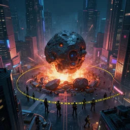 cyberpunk style city, a meteorite hit the center of the city, many police and soldiers set up a cordon around, 4 k, cg