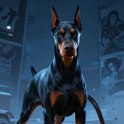 portrait of an antropomorphic doberman creature, black hair, human body, angry look, ready for battle, masterpiece, mattepainting concept blizzard pixar maya engine on cold night stylized background splash comics global illumination lighting artstation by samwise didier