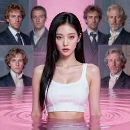 lee jin - eun wearing white luxurious crop - top emerging from pink water in cyberpunk theme by greg rutkowski, claude monet, conrad roset, takato yomamoto, frederick edwin church, rule of thirds, seductive look, beautiful, refined, masterpiece, complex face anatomy