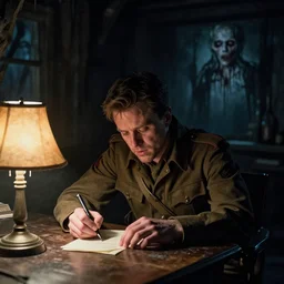 real life full portrait by artgerm, beksinski, rutkowski ; matt damon as an american world war 2 sergeant delirious while writing letter under table lamp, alone at night, in haunted cabin, year 1 9 4 2, scary, horror, 8 k resolution, cinematic dramatic lighting, extremely detailed, sharp focus, unreal engine, hdr colors