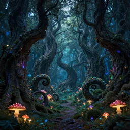 enchanted magical fantasy forest, twisting trees, spiralling bushes, spike - like branches, colorful glowing mushroom scattered, dark atmosphere, by andreas rocha and stephan martiniere