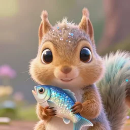 character design, squirrel, big eyes, holding a fish, furry skin, pastel colours, shiny glitter crystals, pixar animation style, detailed, soft light, octane render, 4 k