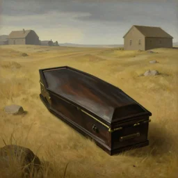 coffin in the middle of nowhere, surreal painting, by rene magritte, detailed