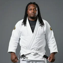 photo of chubby black bjj athlete with long dreads posing, serious face, white belt, professional photo