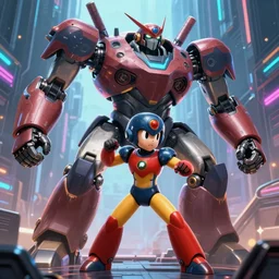 photorealistic megaman x fighting giant robots in cyberpunk future, artstation, unreal engine, deviantart, concept art