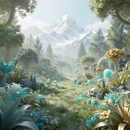 a beautiful 3 d render of a paradise garden, a peaceful land of the dead, perfect, hazy, volumetric lighting, snowy summits in the background, very detailed, serene, cirrus, cyan accents, gold accents, lush flora, flowers, washed out colors, photorealistic, master level composition, raytracing