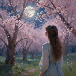 a beautiful painting of arwen watching a cherry blossom forest, volumetric lighting, moonlit by greg rutkowski and kalin popov, trending on artstation, masterpiece,