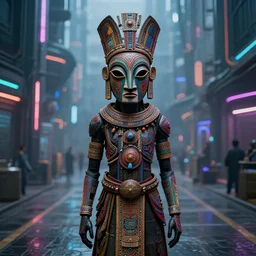 hyper realistic wide shot of an intricately detailed and beautiful african masked cyborg standing in the middle of a broad cyberpunk background, perfect face, fine details, colorful patterns, neon lights, subtle shadows, art by tim okamura and karol bak, canon eos r 3, telephoto lens, sigma 5 0 0 mm f / 5, iso 2 0 0, 1 / 1 6 0 s, 8 k, raw, unedited, in - frame