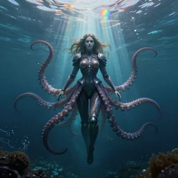 by tom bagshaw, a centered wide shot soft paint render of a curiositywater waves lovecraft world, single female underwater with full bodysuit armor, tentacles, bioluminescence, symmetry accurate features, ominous depths, elegance, refractions, reflections, focus, rainbow lighting, very high detail, gods ray, octane, artstation