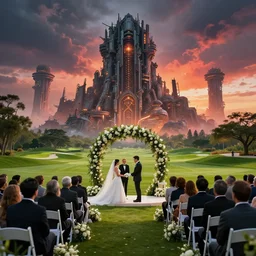 wedding ceremony at golf club, hyper realism, cinematic, volumetric lighting, dramatic ambient lighting, epic composition, high detail, octane render, unreal engine, 8 k, vibrant colors, depth of field, professional photo, photorealistic, digital art, deviantart artstation, ray tracing, intricate complexity, apocalyptic, very sharp,