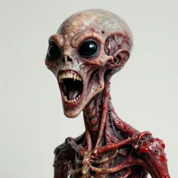 humanoid with crooked teeth, two black eyes, long open black mouth, alien looking, big forehead, horrifying, killer, creepy, dead, slightly realistic, slightly red, long neck, boney, monster, tall, skinny, skullish, deathly, in the style of alfred kubin