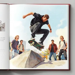 necron doing a kickflip while humans look on in amazement and awe, art book