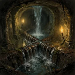intersection of flooded sewer tunnels. fantasy art, underground, stream, musty, damp, sewage, darkness, water fall, underground, catacombs, abandoned spaces, torchlight. sketch art earthdawn campaign setting. myth drannor. parlainth. d & d.