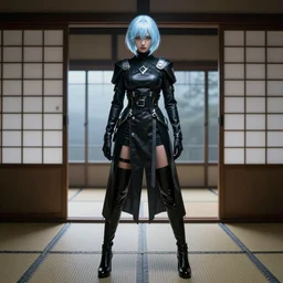 wearing ninja clothes, the beautiful full body image of oriental artificial intelligence, short hair, capable, as cold as ice, behind which is a japanese tatami room, game character concept art, wide view, high detailed, craig mullins, peter mohrbacher, unreal engine, 8 k, dark beauty, trending on artstation