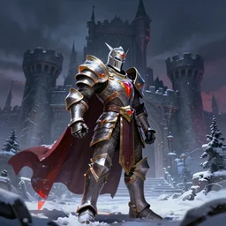 paladin knight in snow in front of a castle, highly stylized, riot games concept art, moody, high contrast, vibrant colors, dark fantasy, 8k, ultra detailed