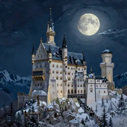 a painting of a castle in the middle of a snowy mountain, a detailed matte painting by andreas rocha and greg rutkowski, night time, moon in the sky, midnight, featured on artstation, fantasy art, matte drawing, matte painting, artstation hq