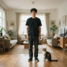 a full body portrait of a man standing in a wide room. 1 meter to his right sits a cat