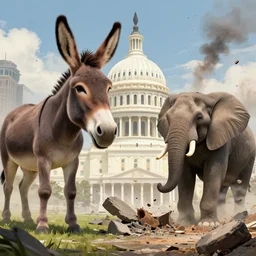 A giant donkey and giant elephant destroying Washington, D.C., digital art