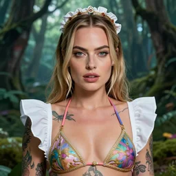 Margot robbie as a beautiful tattooed female maid wearing a magical bikini in a magical forest, highly detailed face, realistic face, beautiful detailed eyes, piercing gaze, fantasy art, in the style of artgerm, illustration, epic, fantasy, intricate, hyper detailed, artstation, concept art, smooth, sharp focus, ray tracing, vibrant, photorealistic
