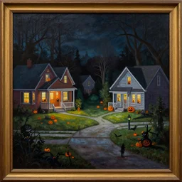 a framed painting of a halloween scene in a suburban neighborhood.. highly detailed science fiction painting by norman rockwell, frank frazetta, and syd mead. framed painting. rich colors, high contrast, gloomy atmosphere, dark background. trending on artstation