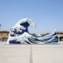 A white and blue marble sculpture of The Great Wave off Kanagawa in the middle of an empty Italian piazza without people, midday, 4k photograph, sunny day, long shot