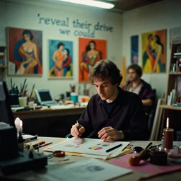 dramatic scene shallow depth of field medium shot uncanny surreal photograph of a colorful intimate art studio in 1 9 9 5 titled'reveal their drive we could ', photographed by william eggleston and ken price and man ray, grainy shocking detail trending on artstation 8 k