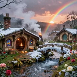 spring festival at medieval hobbit village, ornate, beautiful, atmosphere, vibe, mist, smoke, fire, chimney, rain, wet, pristine, puddles, waterfall, melting, dripping, snow, creek, sunset, rainbow, ice, bridge, stew, loaves, stained glass, forest, roses, flowers, color page, 4 k, rembrandt