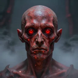 lord loss king of hell & sorrow, book portrait, pale red, lumpy skin, he has very dark - round red sad eyes with even darker red pupils. tiny cracks in skin seep, symmetric lights and fog, in the style of zdzislaw beksinski, glowing light and shadow, hyperrealist, 8 k