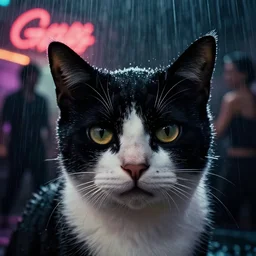 closeup headshot of a black and white furred cat in the rain, bladerunner, backlit, night club, futurepunk, gta v, pinup, nagel, arney freytag, dark moody, cinematic, greg rutkowski, octane!