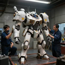 Battletech AS7-D Atlas Assault Mech being worked on by technicians in a mech bay, Battletech, by Greg Rutkowski, sharp lighting, 4k, detailed