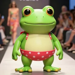 fashion show event where a super cute smiling green tree frog is dressed in a polka dot bikini, photo realistic, matte image