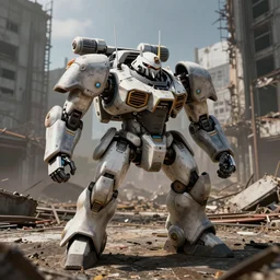 Urbanmech UM-60 fighting Phoenix Hawk PHX-1 in an abandoned city, hyperrealistic, battletech, mechwarrior, ultra hd, 4k, rendered in Octane, rendered in Unreal engine, cinematic lighting, highly detailed, intricate