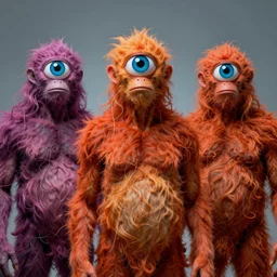 three three eyed humanoids, third eye middle of forehead, wide wide shot, very hairy bodies, vivid colors, thin wires, beautiful lighting