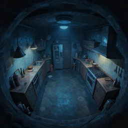 underground, fisheye spiral, naive, extra narrow, detailed illustration of a basement kitchen, large floor, dimly lit by rhads from lorax movie, trending artstation, dark blue