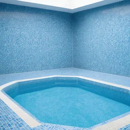 big room with small blue tiles, a water pool