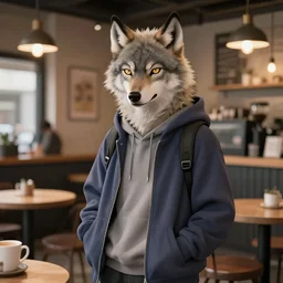 anthropomorphic female wolf fursona wearing casual stylish clothes hoodie at a hipster coffee shop, highly detailed, artgerm style, artstation, soft light, sharp focus, illustration, character design, concept art